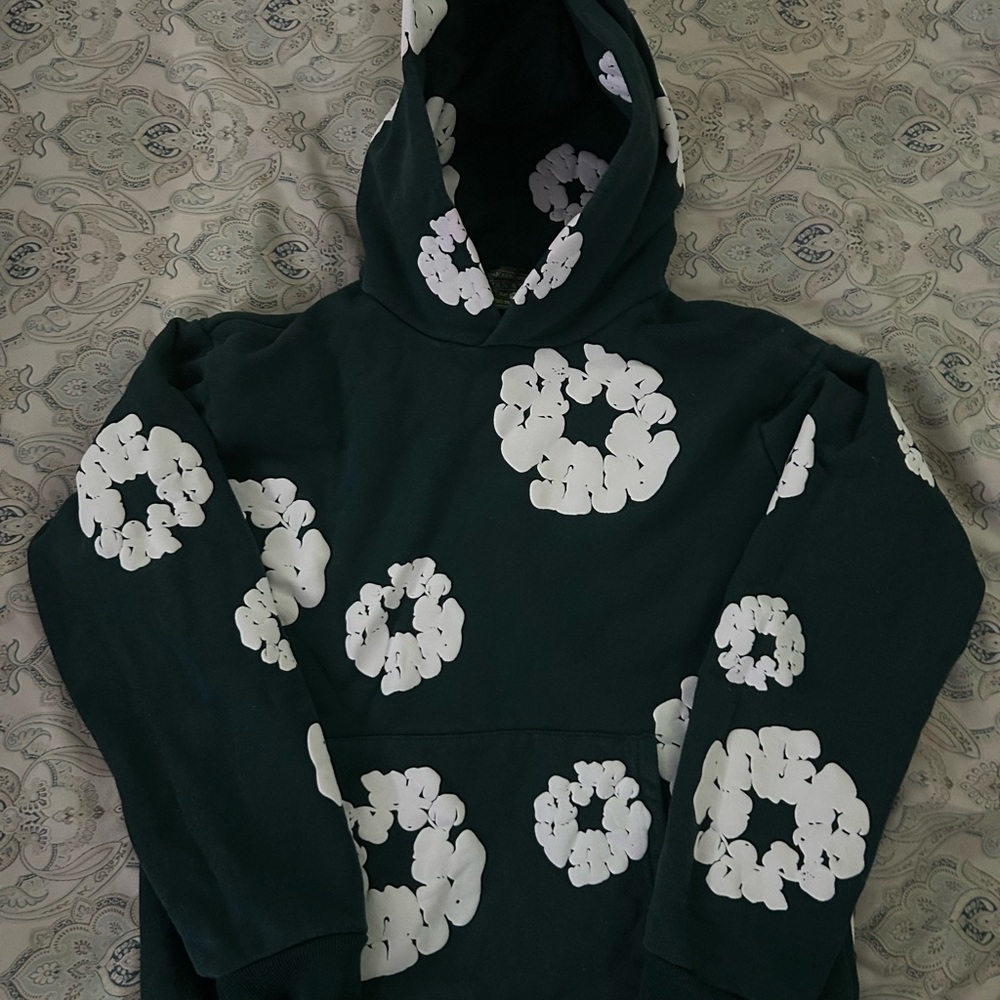 Men's Navy Blue Hoodie with White Floral Design